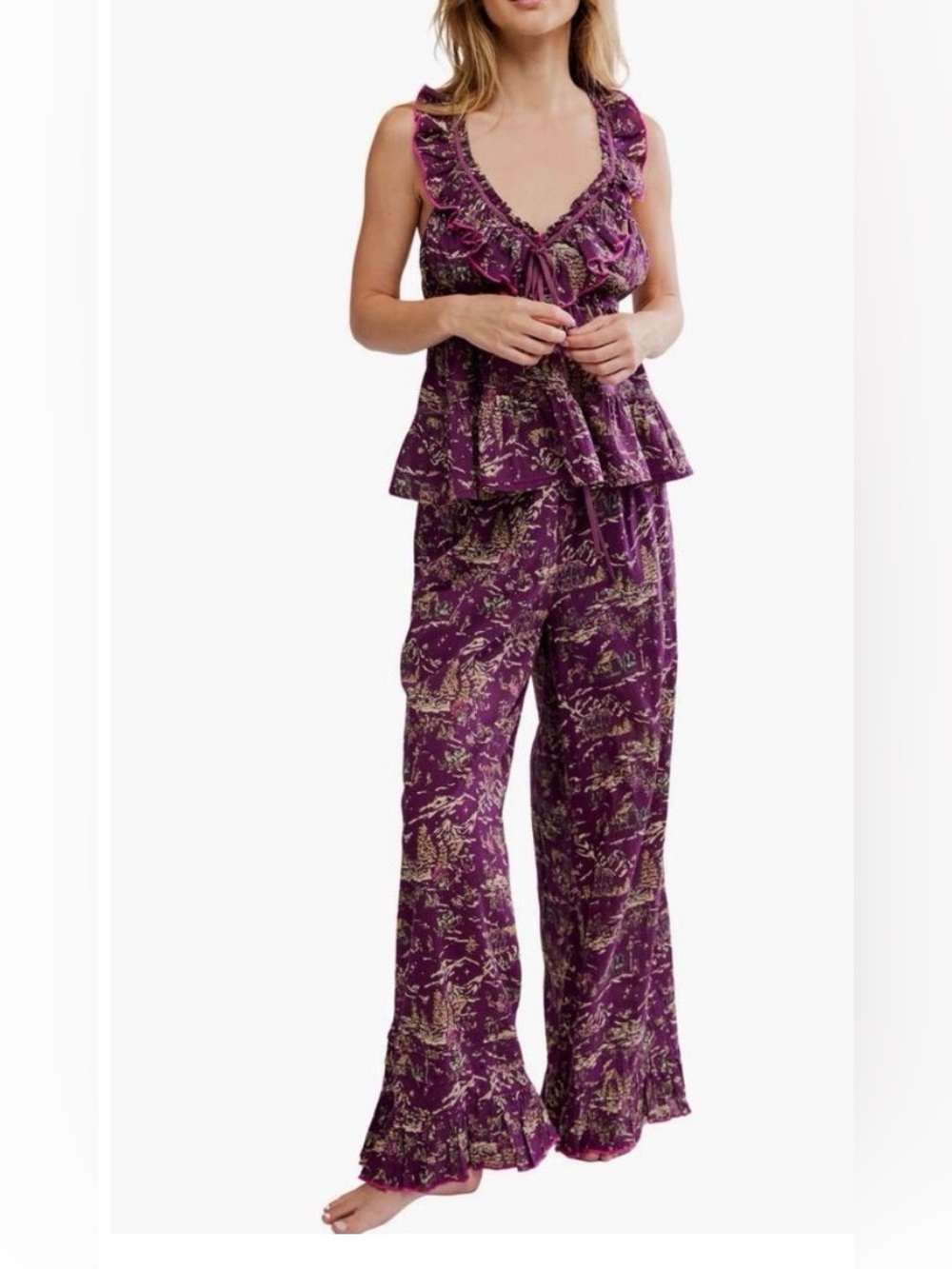 Free People NWT Tangled Lights Ruffle Pajamas in Wine Combo Size XS